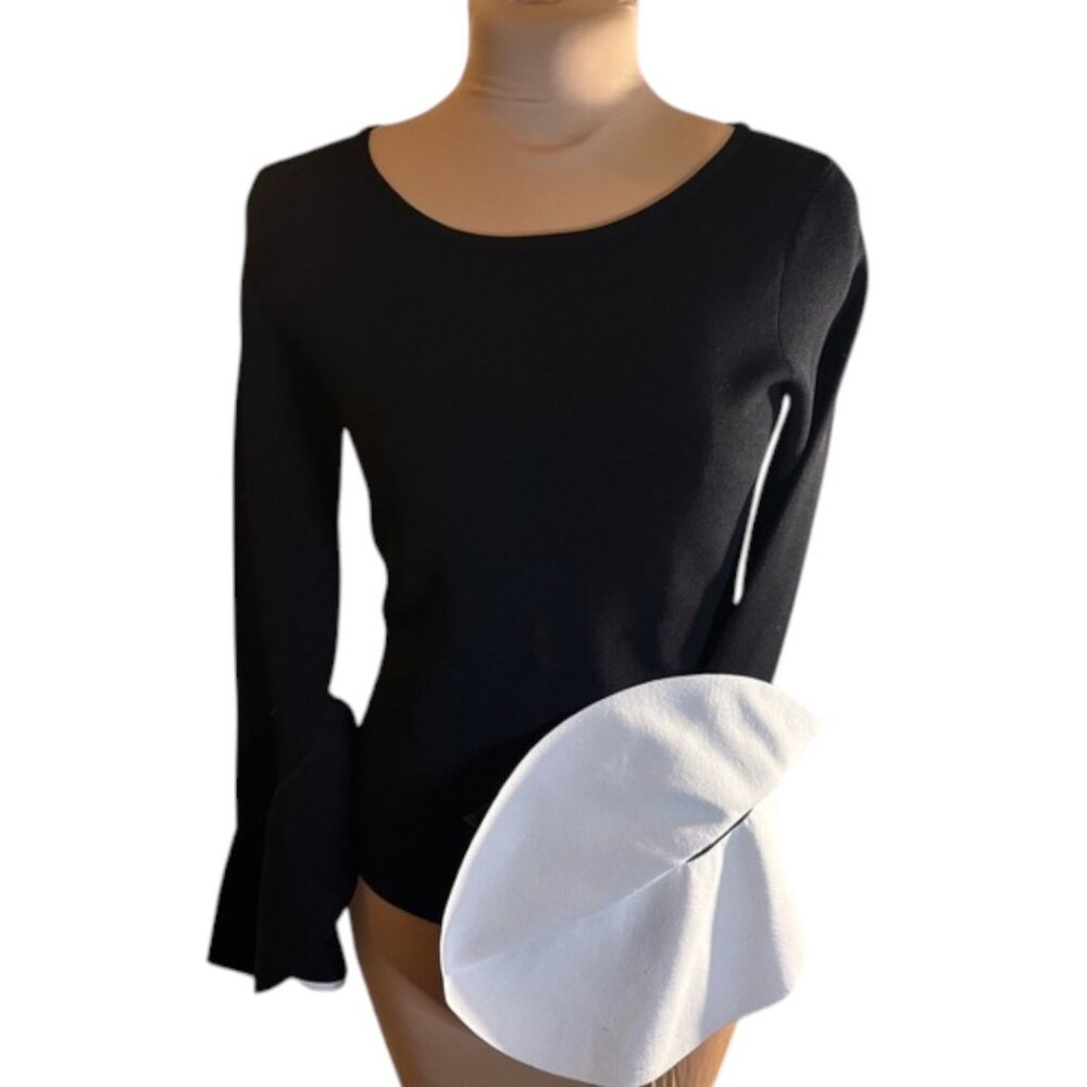 Milly Black Cream Two Tone Knit Top Bell Sleeve Scoop Neck Stretch Small